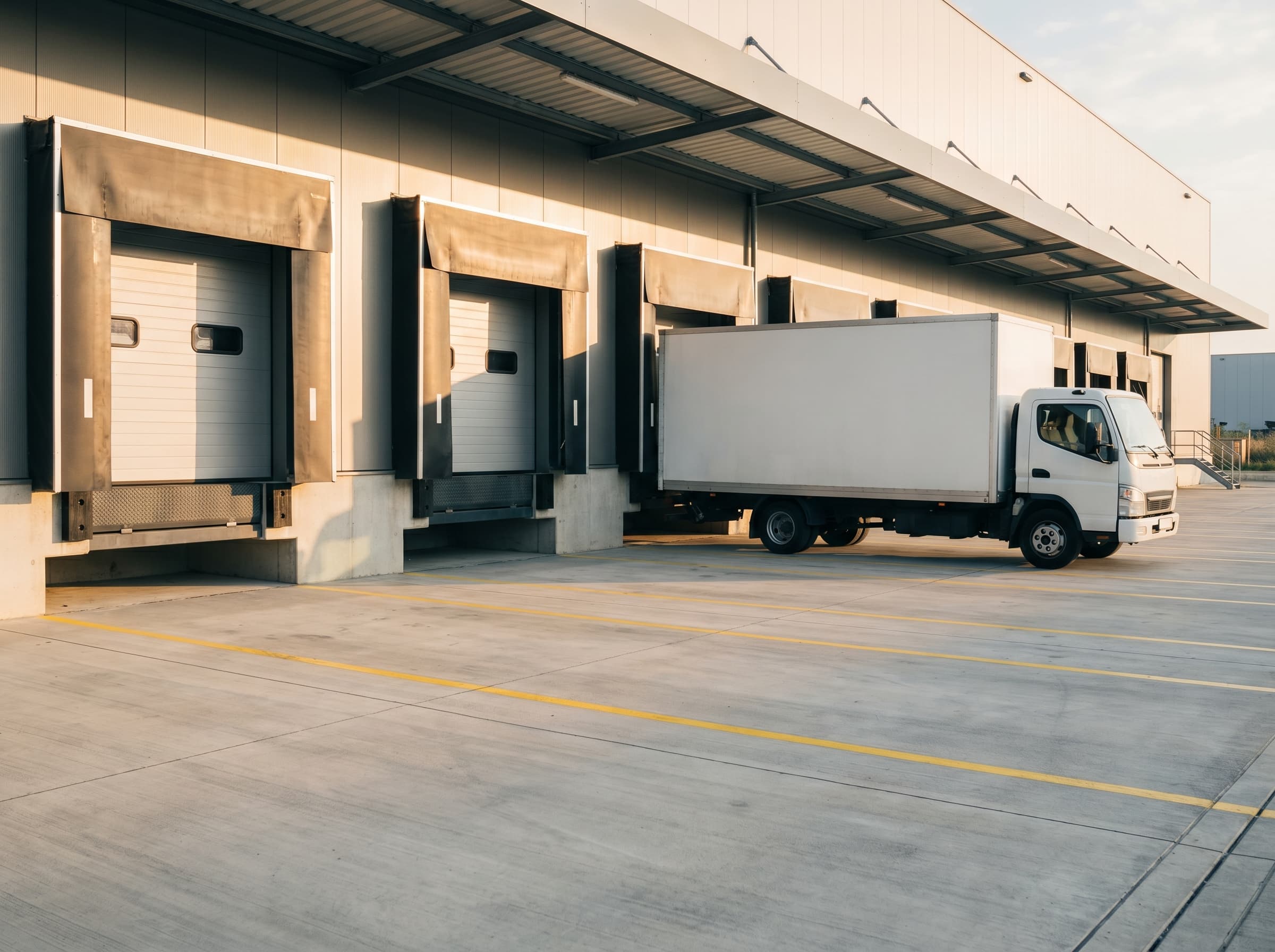 Warehouse loading docks with retractable shelters and a box truck parked at one of the doors
