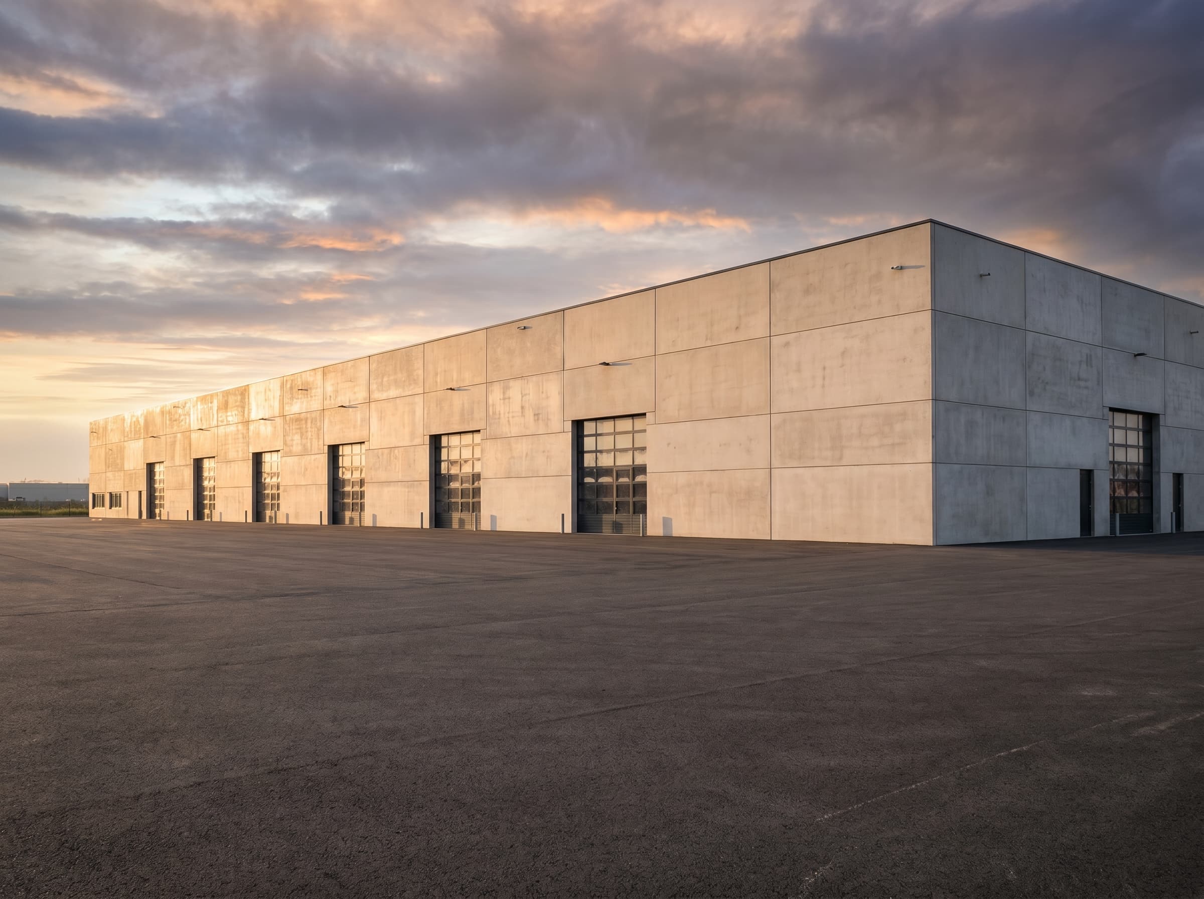 Concrete warehouse facade with dock doors and a wide maneuvering yard under a sunset sky