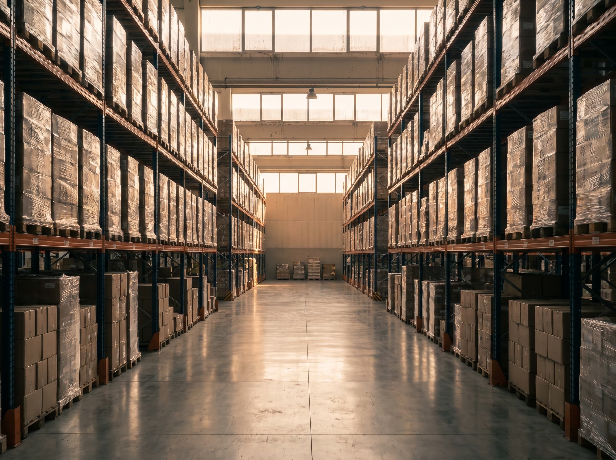 Aisle between pallet racks loaded with boxes in a warehouse with natural overhead lighting